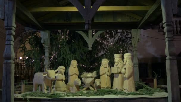 Dřevěné Nativity Scéna Zavřít Postavy — Stock video