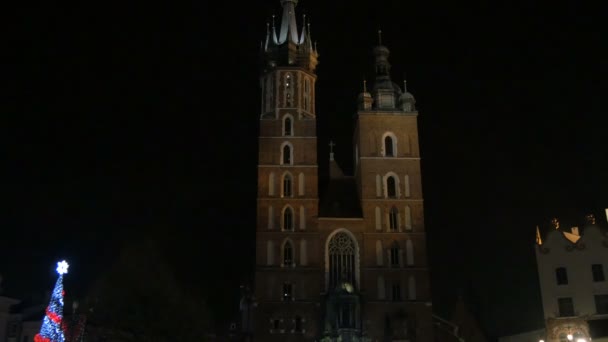 夜のクラクフの聖マリア大聖堂 — ストック動画
