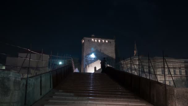 Старый Мост Ночью Мостаре Timelapse — стоковое видео