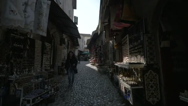 Narrow Street Souvenir Stalls Mostar — Stock Video
