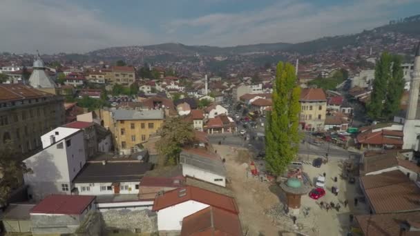 Aerial View Old Buildings Sebilj Fountain — Vídeos de Stock