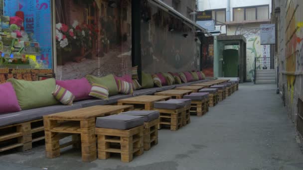 Benches Pillows Outdoor Cafe — ストック動画