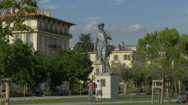 Ένα Άγαλμα Του Δαβίδ Περιτριγυρισμένο Από Δέντρα — Αρχείο Βίντεο