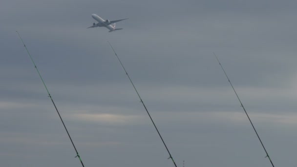 Avión Volando Sobre Cañas Pescar — Vídeos de Stock