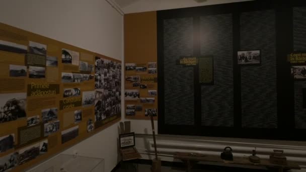 Muren Bedekt Met Informatieborden Gezien Een Museum — Stockvideo