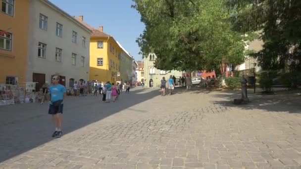 Touristes Marchant Prenant Des Photos Sur Place Musée Sighisoara — Video