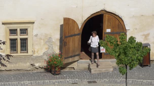 Femme Sortant Une Porte Dans Forteresse Fagaras — Video