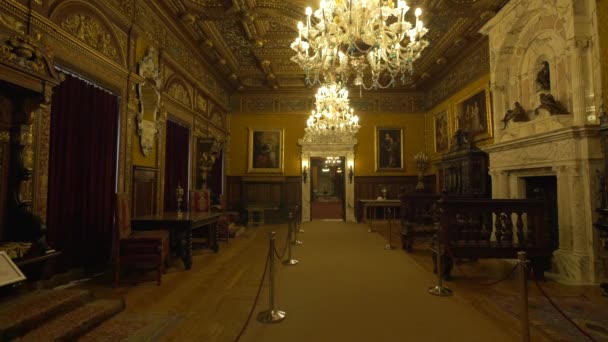 Δωμάτιο Φωτισμένο Από Πολυελαίους Στο Κάστρο Peles — Αρχείο Βίντεο