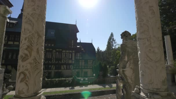 Γλυπτές Κολώνες Και Ένα Άγαλμα Στο Κάστρο Του Πελέ — Αρχείο Βίντεο