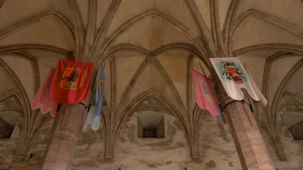 Σημαίες Μεσαιωνικές Στο Κάστρο Corvin — Αρχείο Βίντεο
