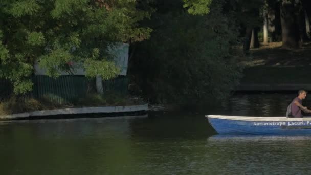 Pareja Remando Barco Lago Herastrau — Vídeos de Stock