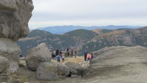 People Next Sphinx Bucegi Mountains — Vídeo de Stock