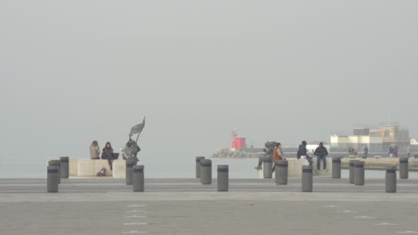 Trieste Beira Mar Com Bollards Estátuas — Vídeo de Stock