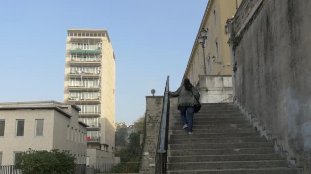 Low Angle Woman Climbing Stairs — Stock Video