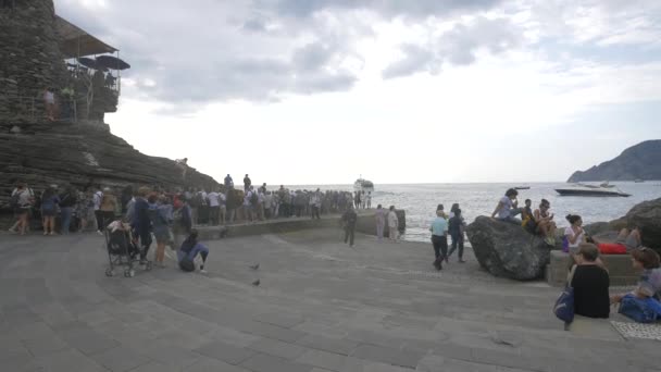 Touristen Entspannen Sich Meer Vernazza — Stockvideo