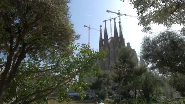 Sagrada Familia Terlihat Balik Pepohonan Barcelona — Stok Video