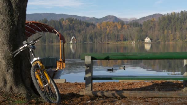 Una Bicicleta Aparcada Junto Banco Madera — Vídeos de Stock