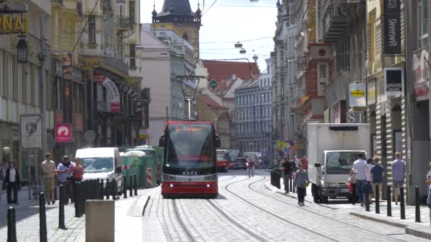 Straßenbahnen Rollen Auf Der Vodickova Straße — Stockvideo