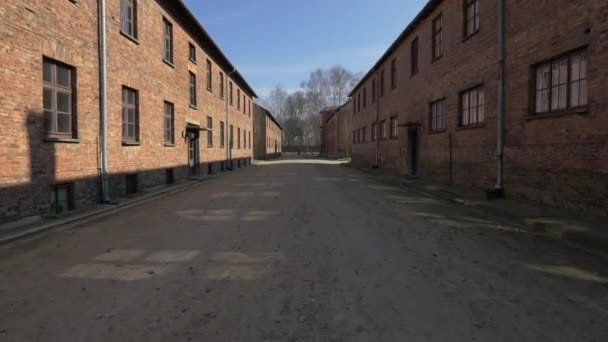 アウシュビッツの赤いブロックの間の汚い路地 — ストック動画