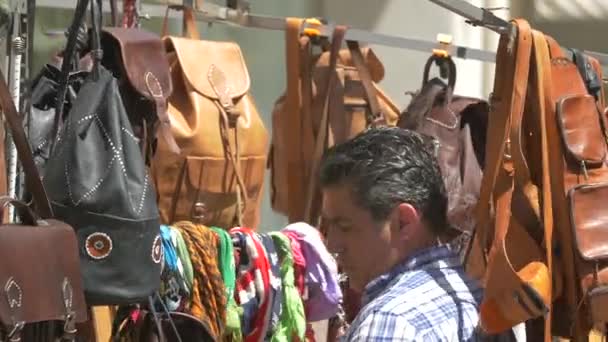 Uomo Che Organizza Uno Stand Souvenir — Video Stock