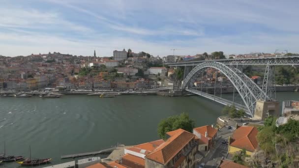 川にかかる金属製のアーチ橋 — ストック動画