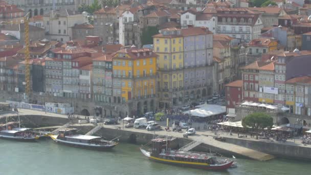 Boats Anchored Colorful Buildings — Stock Video