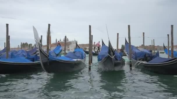 Förtöjda Gondoler Venetianska Lagunen — Stockvideo