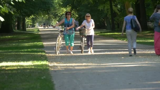 Due Donne Con Bici Che Camminano Vicolo Del Parco — Video Stock