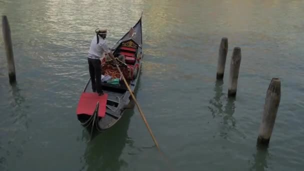 Gondoliere Canottaggio Una Gondola Tra Posti Ormeggio — Video Stock