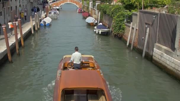 Driving Wooden Boat Canal — Stock Video