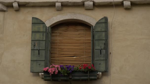 Ventana Antigua Con Persianas Flores — Vídeos de Stock