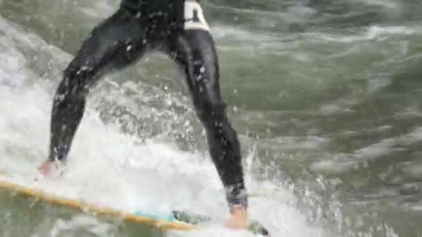 Young Man Surfing River — Stock Video