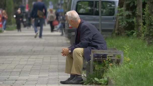 Ηλικιωμένος Κάθεται Ένα Παγκάκι — Αρχείο Βίντεο