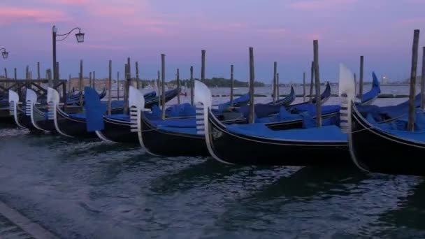 Aangemeerde Gondels Bij Zonsondergang — Stockvideo