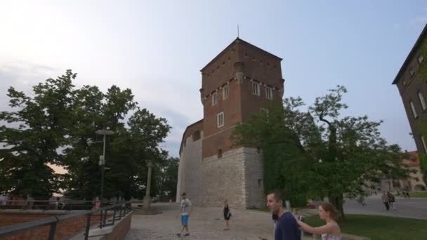 Άνθρωποι Κοντά Ένα Πέτρινο Πύργο — Αρχείο Βίντεο