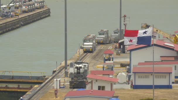 Panamanian Flag Waving Miraflores Locks — Stock Video