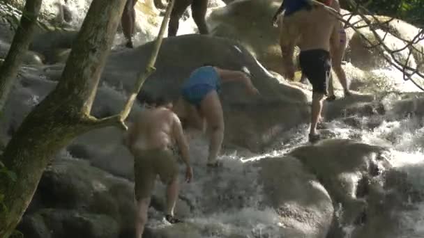 在牙买加邓纳河瀑布的岩石上攀爬 — 图库视频影像