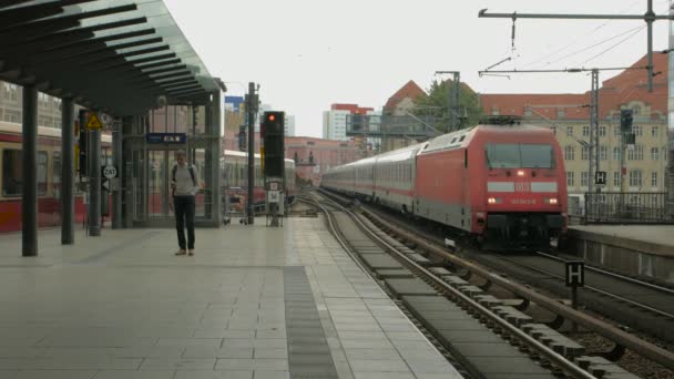 Pociągi Toczące Się Peronie Dworca Kolejowego — Wideo stockowe