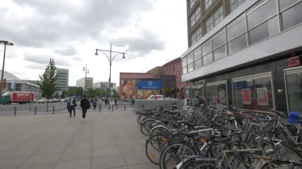 Parked Bikes Subway Sign Alexanderplatz — Stock Video