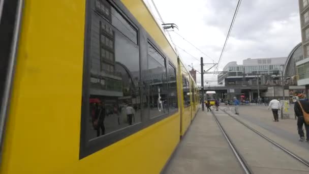 Yellow Tram Passing Square — Stock Video