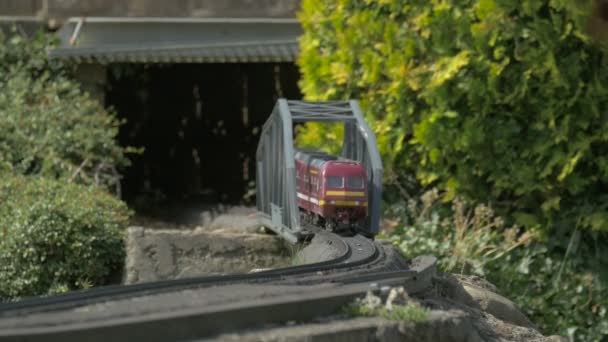 Miniature Passenger Train Crossing Bridge — Stock Video