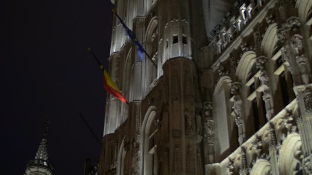 Κυματιστές Σημαίες Ένα Κτίριο Νύχτα — Αρχείο Βίντεο