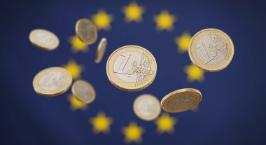 Avrupa sikkeleri, ortak refah ve ekonomik gerilimi, sığ alan derinliğini sembolize ederek, AB bayraklarının üzerinde dalgalanan bulanık paralar