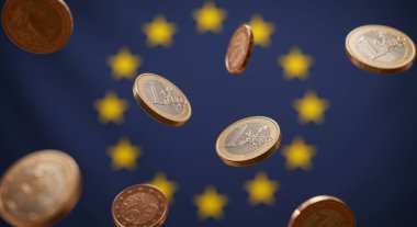 Avrupa sikkeleri, ortak refah ve ekonomik gerilimi, sığ alan derinliğini sembolize ederek, AB bayraklarının üzerinde dalgalanan bulanık paralar