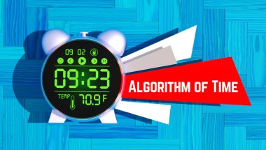 Algorithm of Time motivation text. Digital Alarm Clock on Blue Wooden Background with Red Banner Symbolizing Modern Time Management and Productivity