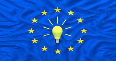 Avrupa Birliği 'nin AB Bayrak Arkaplanı Yaratıcı Fikir Teması Üzerinde Ampulle İcat Kavramı