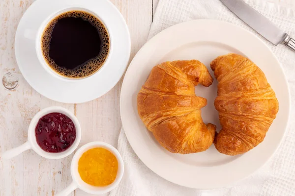 Flat Lay Plain Soft Croissant Bread White Plate Served Cup — Stock Photo, Image