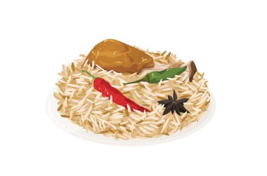 Kabsa Tavuğu - Beyaz arka planda izole edilmiş ev yapımı Arap biryani Vektör çizimi