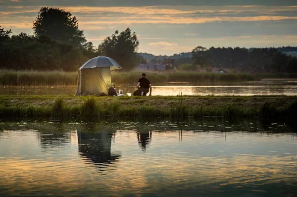 Fishing Sunset Beautiful Lake — Stock Photo, Image