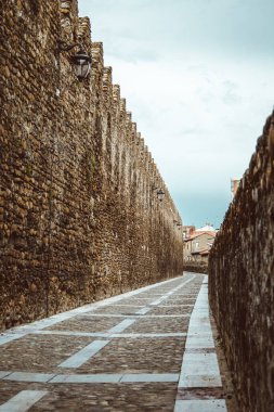 İspanya 'nın eski Leon kasabasındaki kaldırımlı sokak ve duvarlar